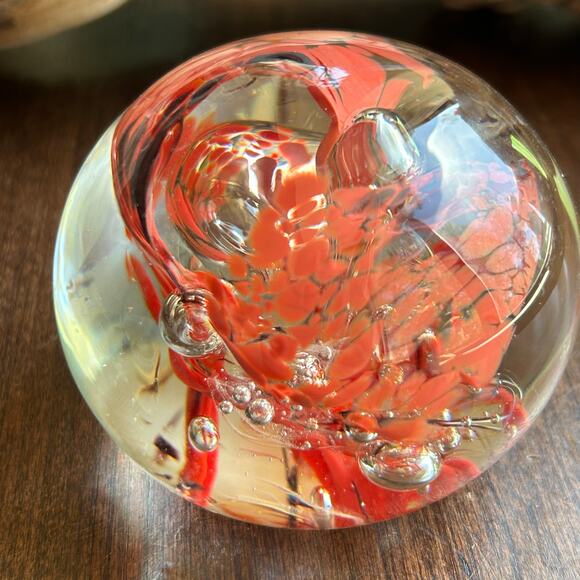 Vintage Blown Glass Paperweight With Controlled Bubbles Red Orange Swirl - Picture 6 of 9